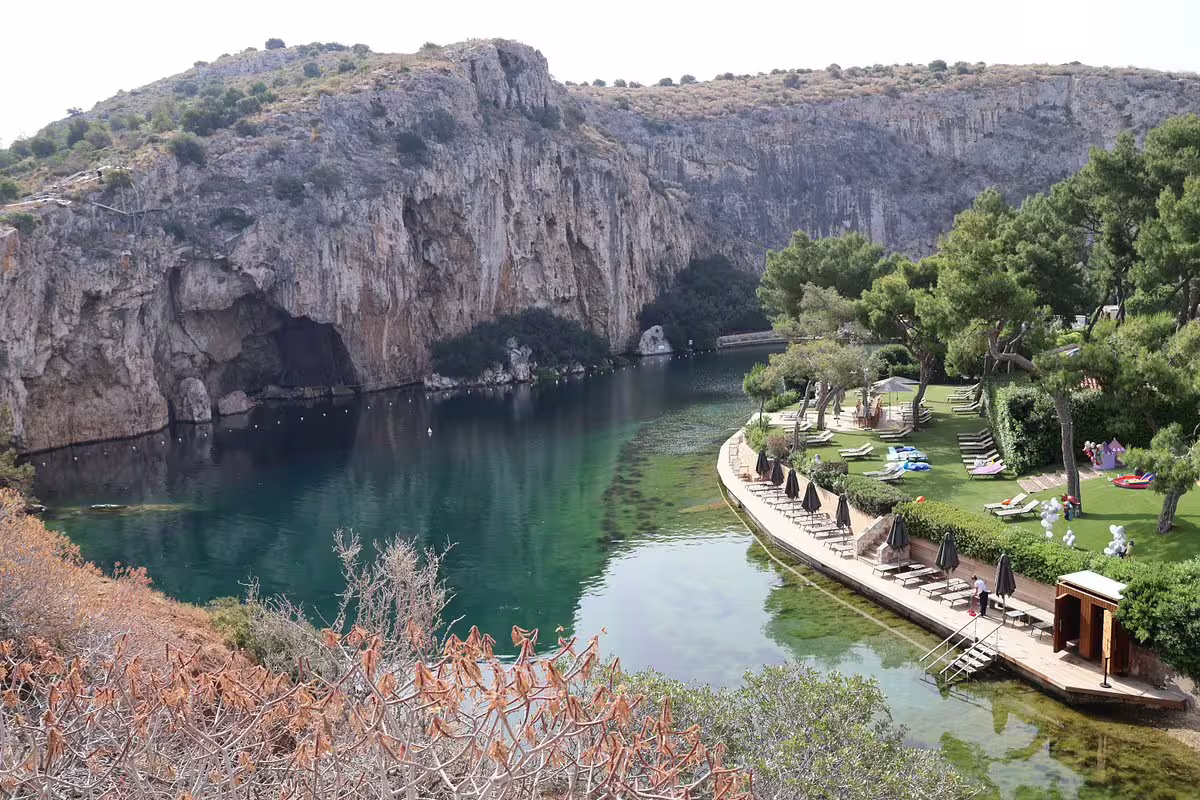 Lake Vouliagmeni lagoon on the Athenian Riviera, a scenic stop on a private Athens to Cape Sounio tour