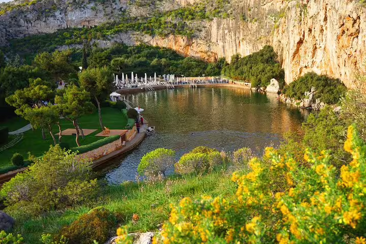 Lake Vouliagmeni lagoon near Athens Riviera, scenic stop on Athens highlights and Cape Sounio private day tour