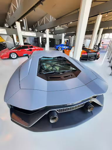 Rear of Lamborghini concept car inside Modena museum showroom, Bologna/Modena supercar tour entry