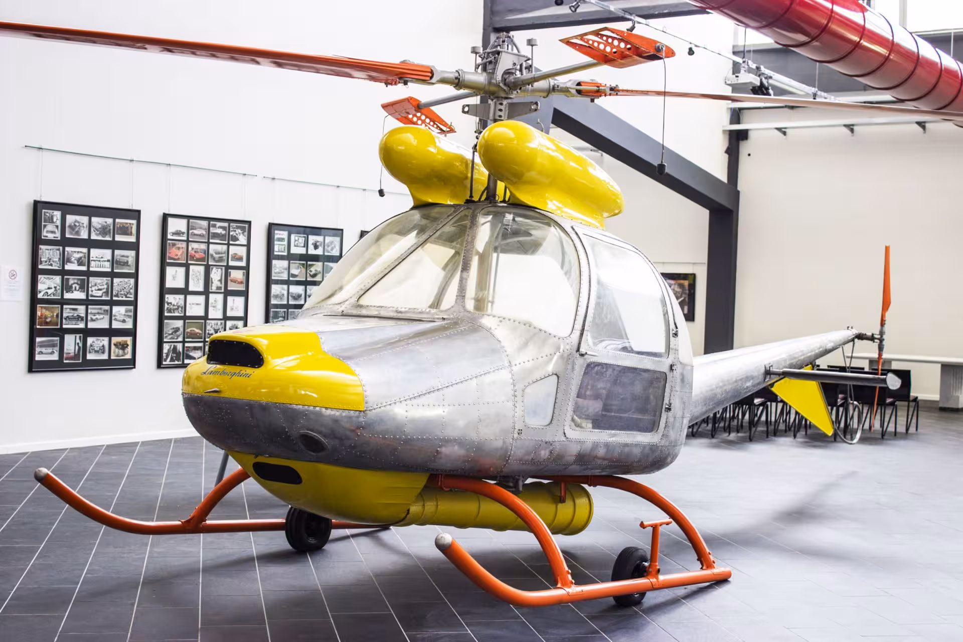 Vintage Lamborghini helicopter exhibit inside Museo Lamborghini, included in the Lamborghini Ducati Ferrari museums combo ticket