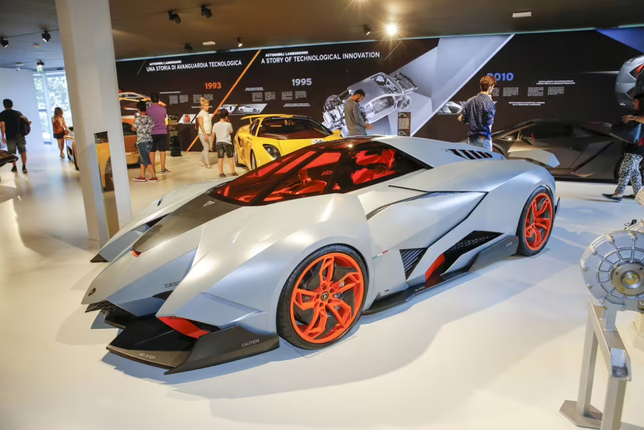 Explore futuristic Lamborghini models on display at Bologna Museum, showcasing cutting-edge automotive design.