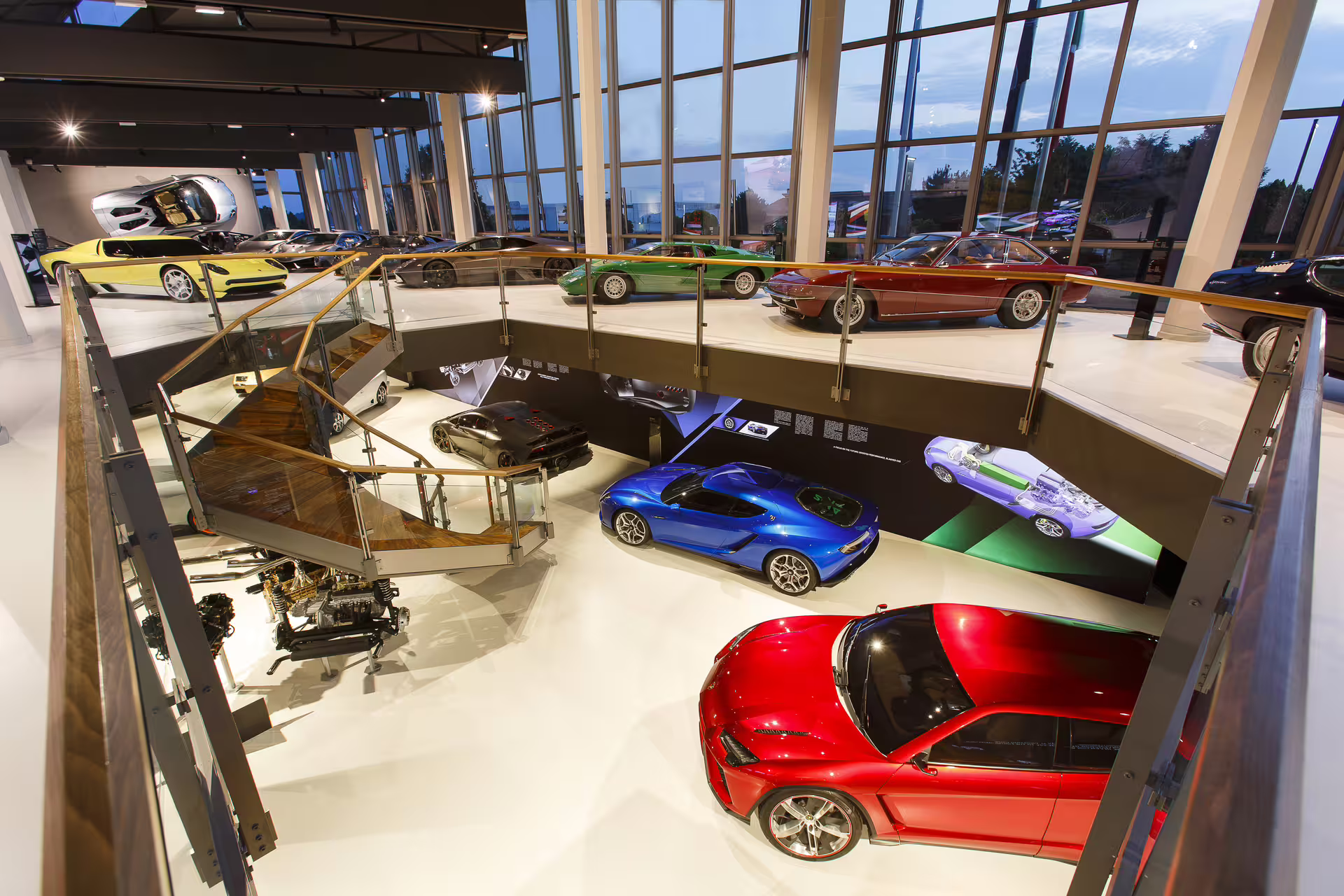 Panoramic Lamborghini Museum Modena showroom with supercars, part of Bologna tour and museum entry ticket
