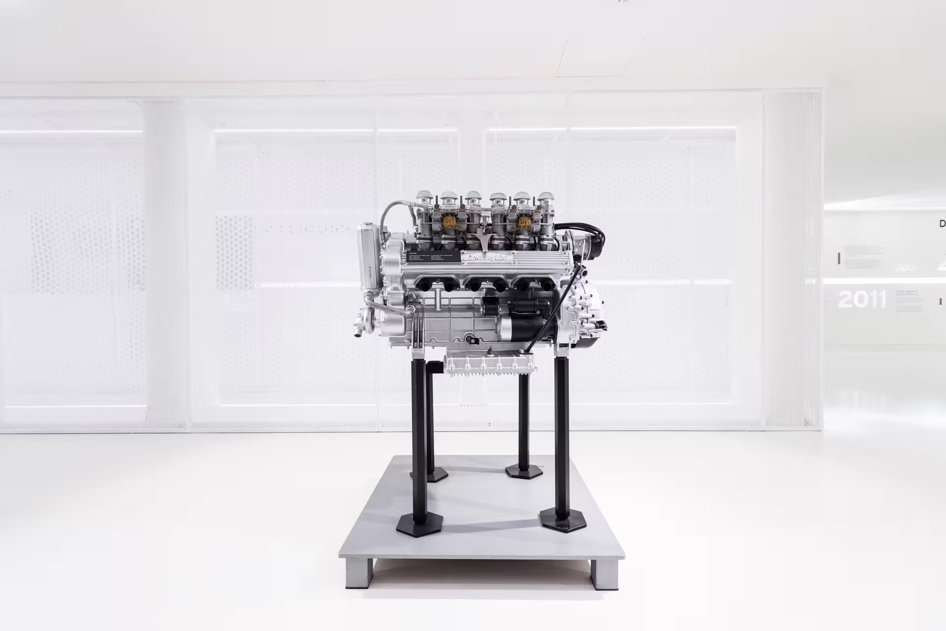 Lamborghini V12 engine display at Museo Lamborghini near Bologna, combo tour with Modena Enzo Ferrari Museum