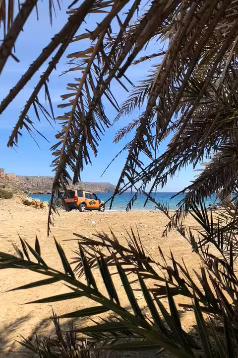 Land Rover parked on a scenic sandy beach surrounded by palm trees on a luxury 4x4 excursion tour.