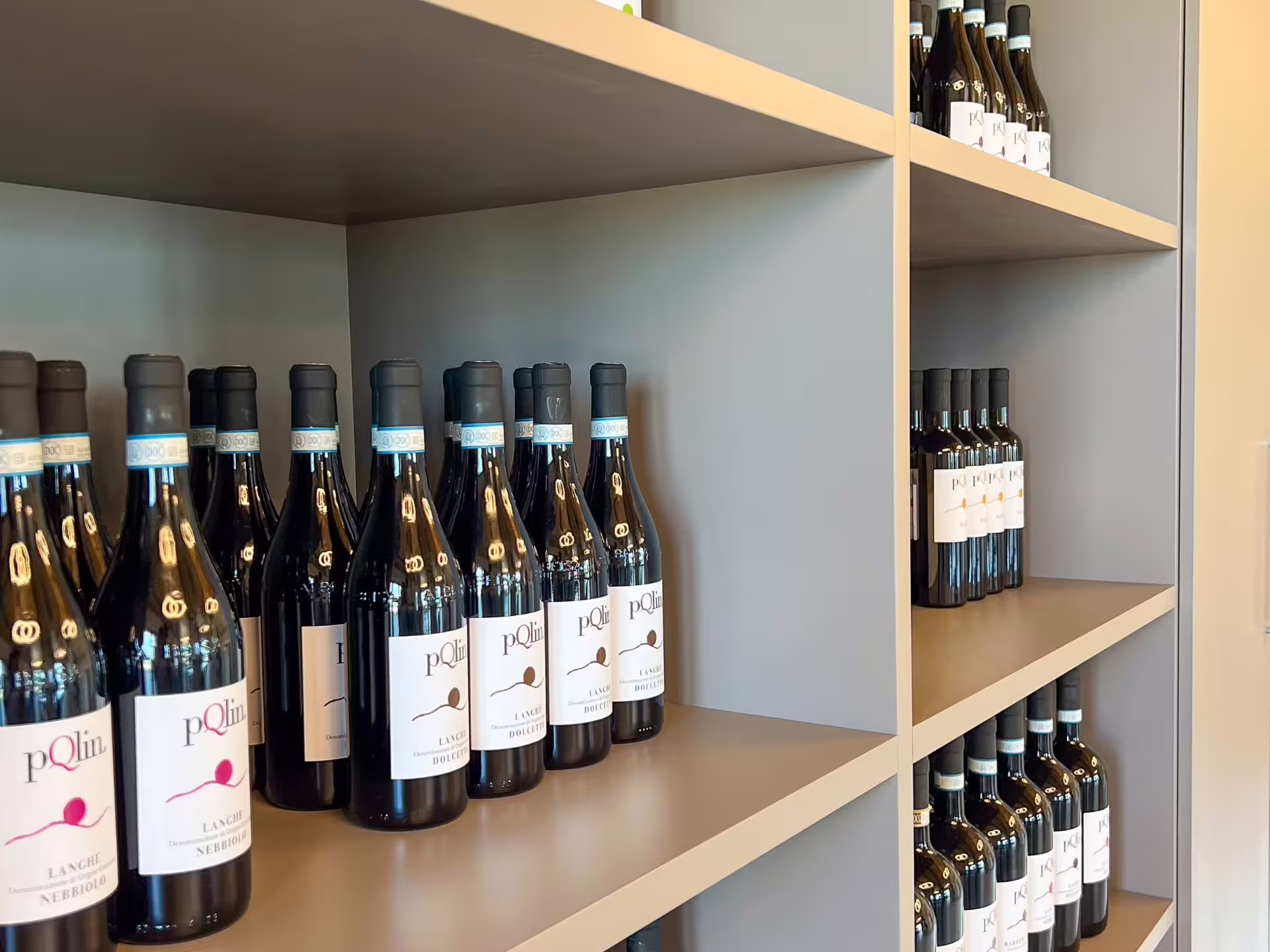 Wine bottles on shelves in a Langhe winery, perfect for tasting tours near Alba.