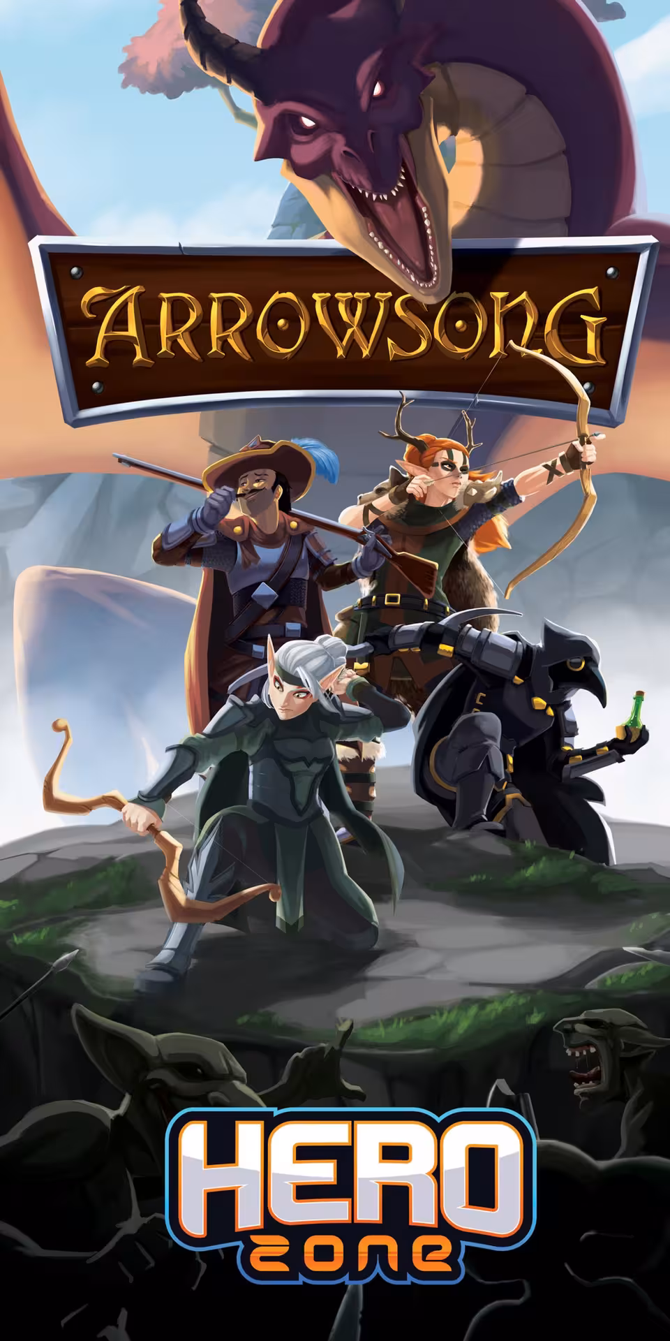 Arrowsong fantasy team poster for Laser/Arena 12, archers and dragon backdrop, immersive arena adventure