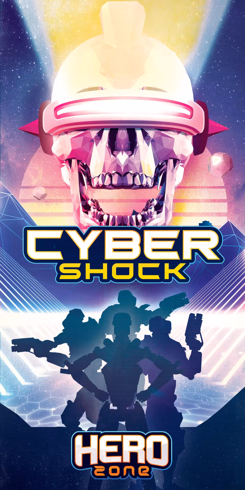 Cyber Shock sci-fi poster for Laser/Arena 12 with VR skull and neon heroes, futuristic laser tag action