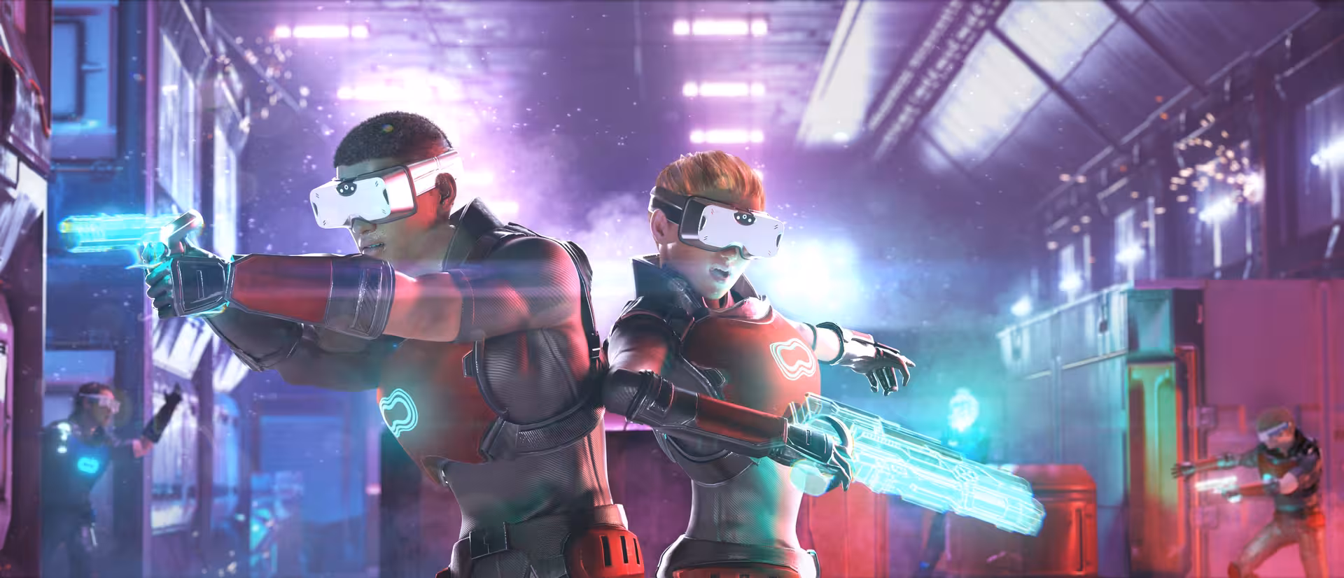 Two teammates in Laser Game VR 18 aim virtual laser blasters while wearing VR headsets in a futuristic arena