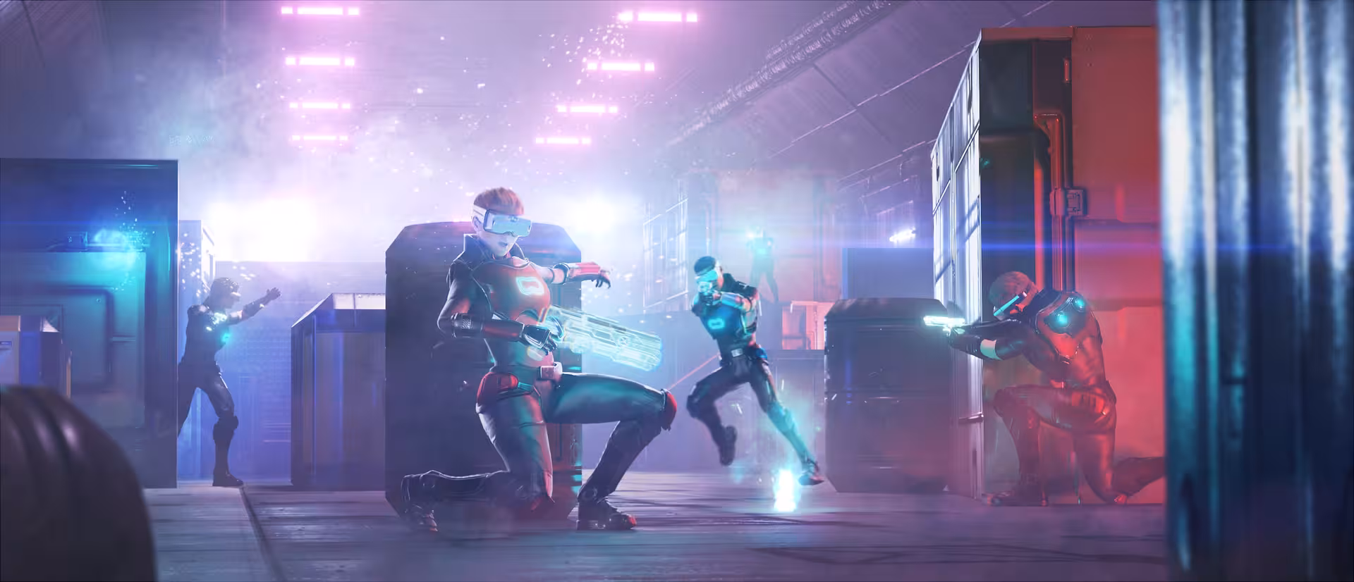 Futuristic Laser Game VR 25 scene with VR soldiers in a sci-fi arena, tactical team shooter gameplay