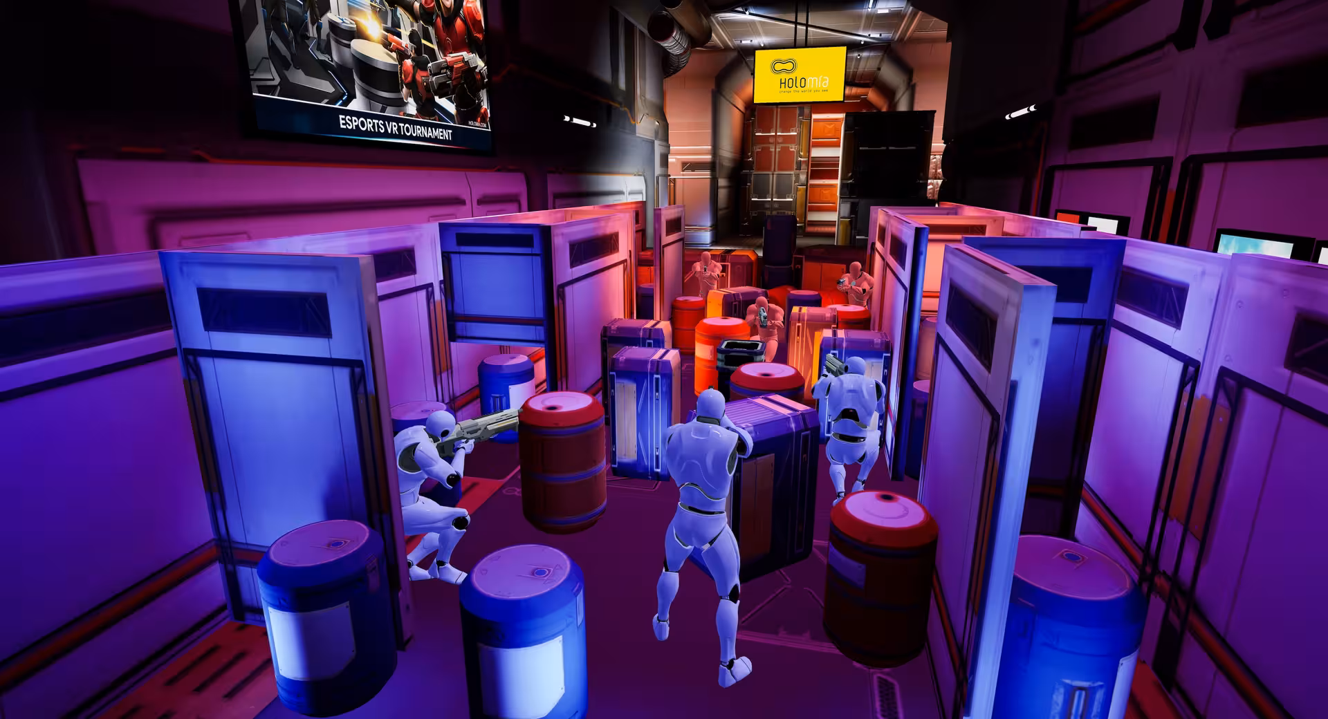 Futuristic Laser Game VR 35 arena with neon cover obstacles and players in tactical firefight action