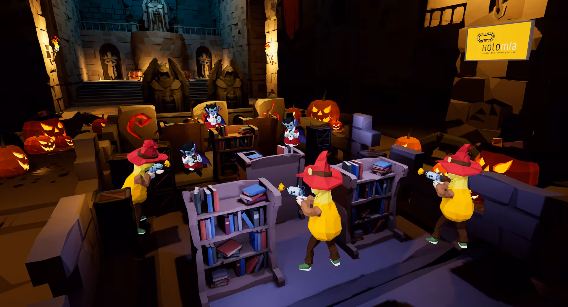 Laser Game VR 35 haunted castle arena with pumpkins and players aiming blasters in immersive VR battle