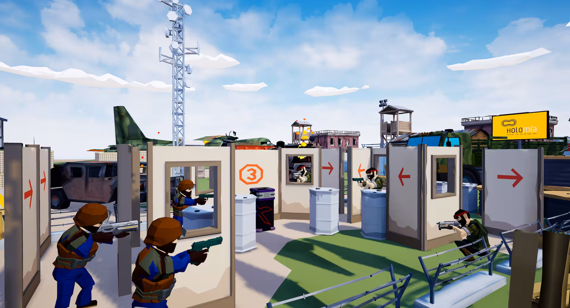 Laser Game VR 35 outdoor tactical map with cover walls and barrels, players in VR laser battle mission