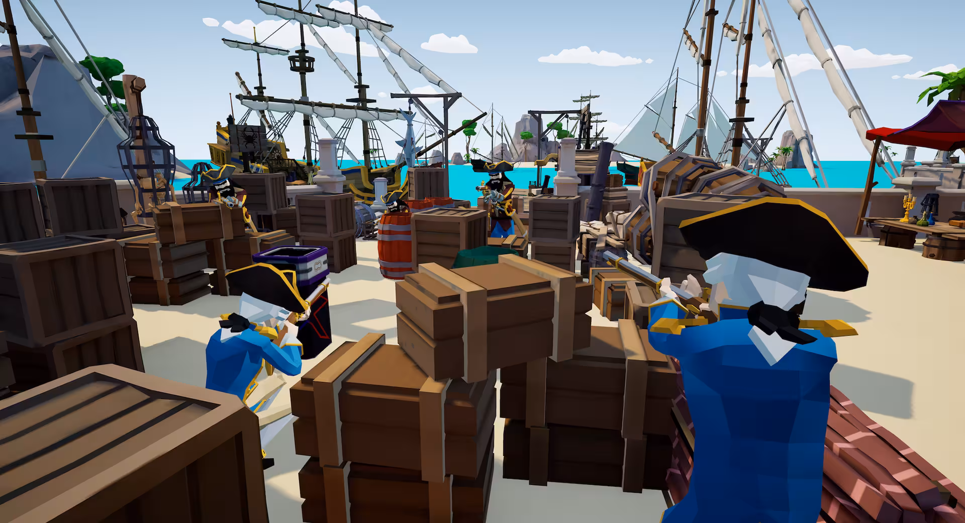 Laser Game VR 35 pirate dock map with players battling behind crates and ships in immersive VR shooter