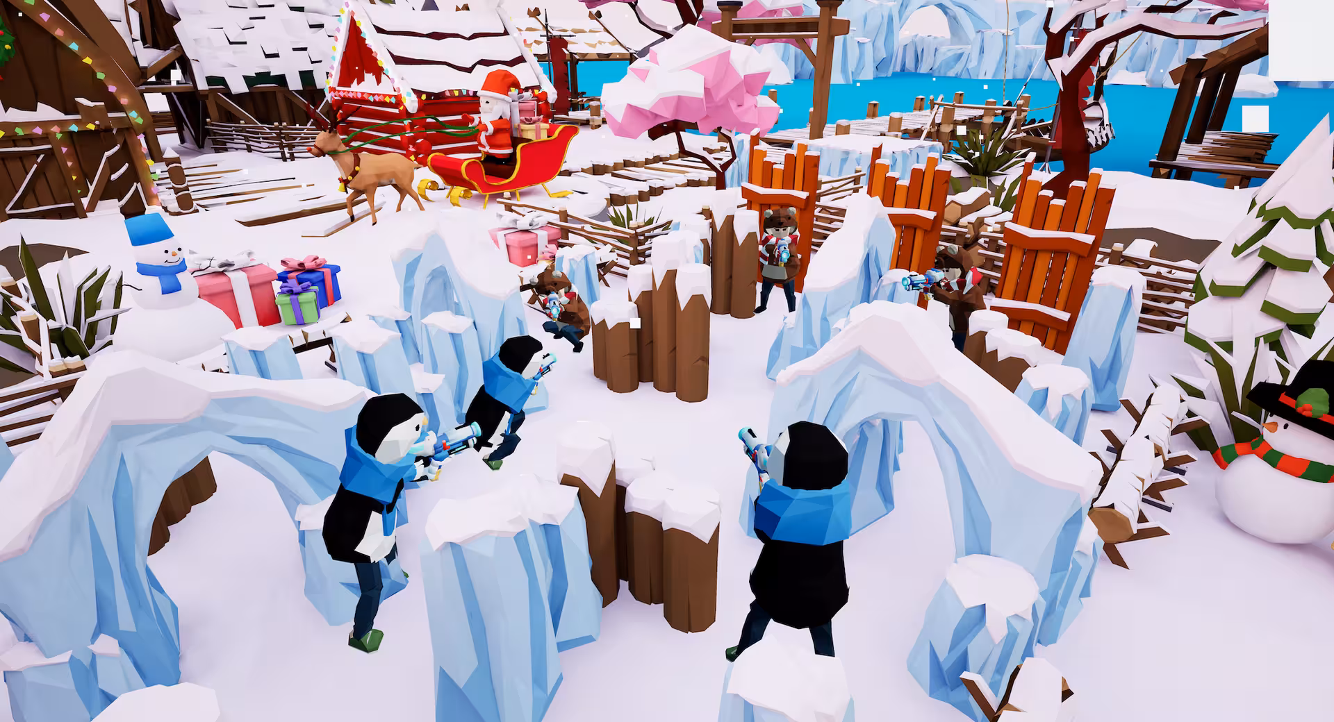 Winter holiday VR laser tag action in Laser Game VR 25 with ice cover, Santa sleigh and team firefight