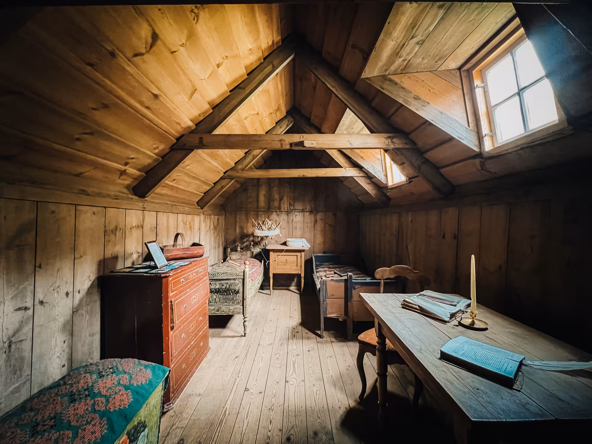 Laufás Museum turf house attic interior on private North Iceland tour to Goðafoss and Forest Lagoon