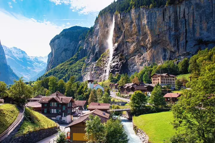 Breathtaking landscape of Lauterbrunnen Valley with majestic waterfall and alpine scenery on the Grindelwald tour.