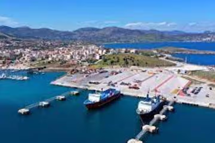 Aerial view of Lavrio Port ferry terminal, pickup point for private transfer to Athens Airport in Greece
