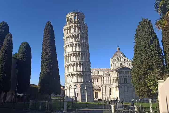 Leaning Tower of Pisa and Pisa Cathedral framed by tall cypress trees on a sunny day, visited on a La Spezia port shore excursion
