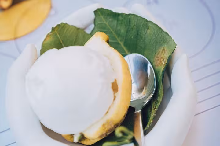 Refreshing lemon sorbet served in a lemon peel with a spoon, perfect for a Sorrento wine lunch under lemon trees.