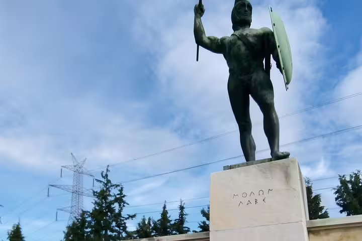 Leonidas statue at Thermopylae stop on Delphi and Meteora private day trip from Athens with dinner