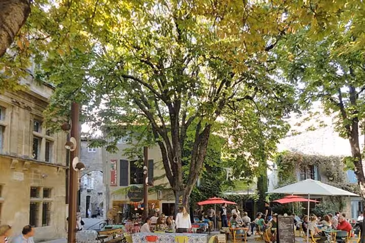 Vibrant outdoor café scene under leafy trees in a sun-dappled square in Les Baux de Provence.