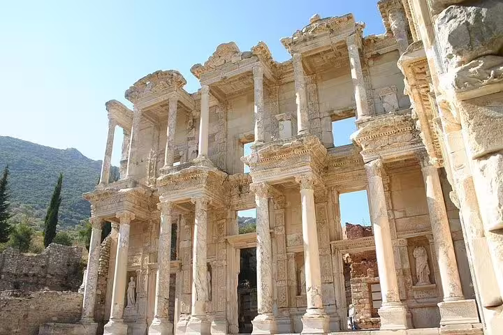 Marvel at the intricately carved facade of the Library of Celsus on an Ephesus day tour from Istanbul.