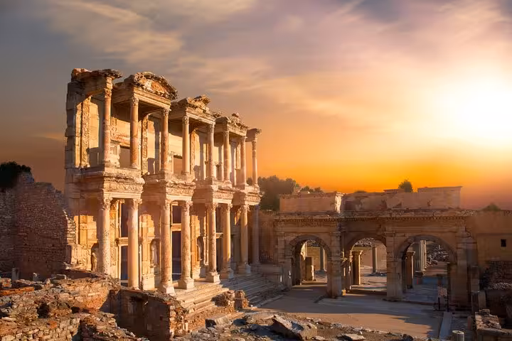 Library of Celsus at Ephesus at sunset on a private Kusadasi shore excursion tour from cruise port