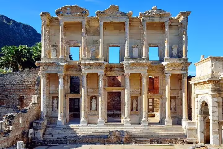 Historic ruins of the Library of Celsus in Ephesus, a highlight for travelers exploring Ephesus and Pamukkale in one day.