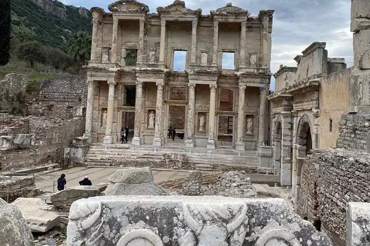 Library of Celsus ruins in Ephesus on a private tour from Kusadasi, ancient Roman facade and marble stones