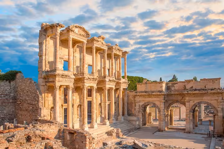 Library of Celsus ruins in Ephesus at sunset on 2-day 1-night Istanbul to Ephesus flight tour