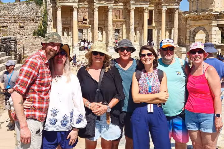 Travelers in front of the Library of Celsus at Ephesus on a 2-day Ephesus Aphrodisias and Pamukkale tour