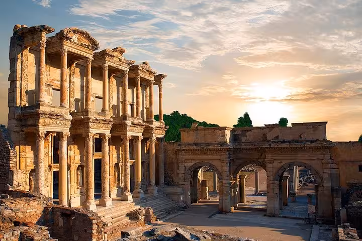 Library of Celsus at sunset on Ephesus tour from Izmir Airport, guided ancient ruins day trip