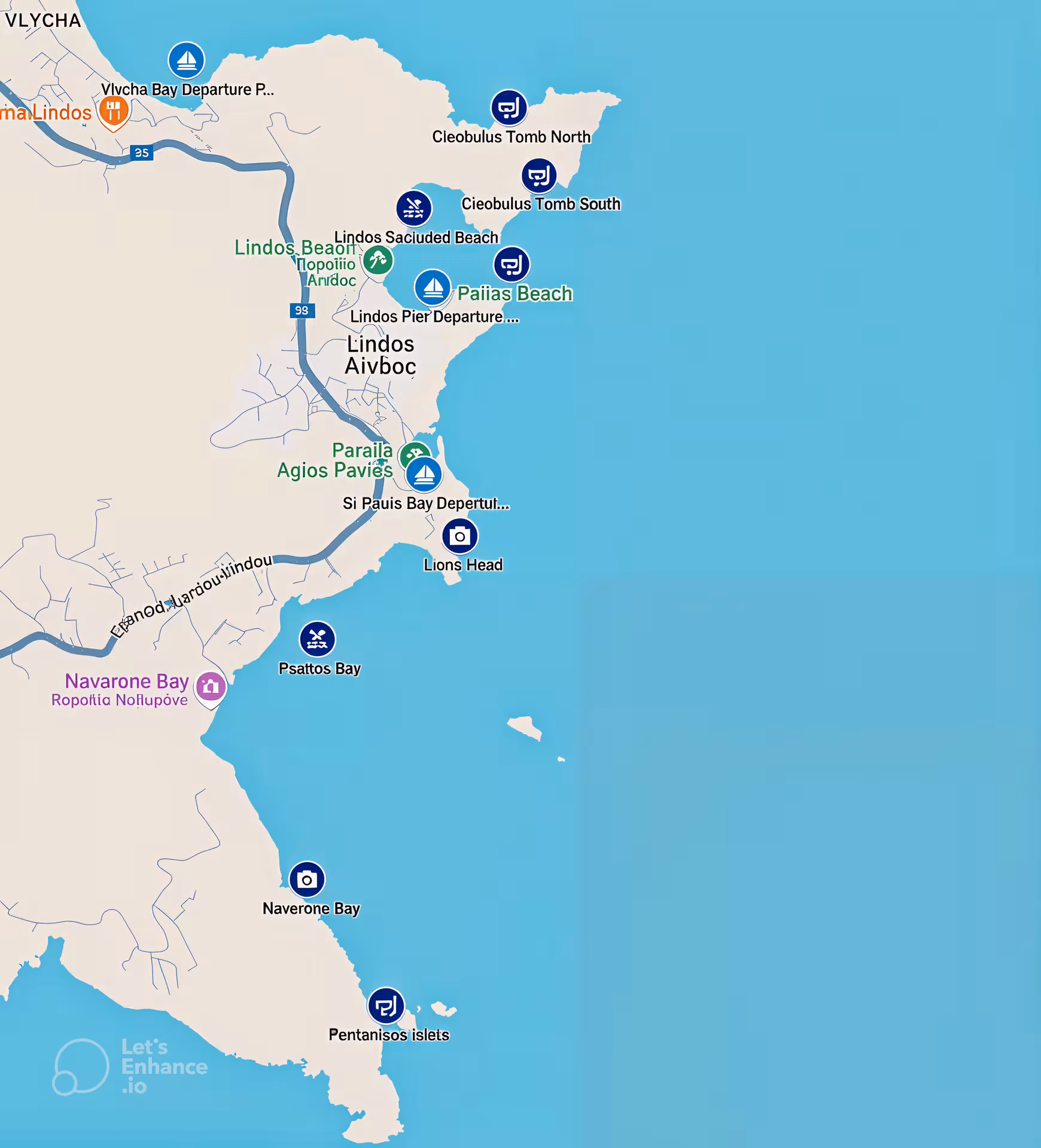 Route map of Lindos coast with bays and cave snorkel spots for the 3-hour Bayliner M17 boat experience