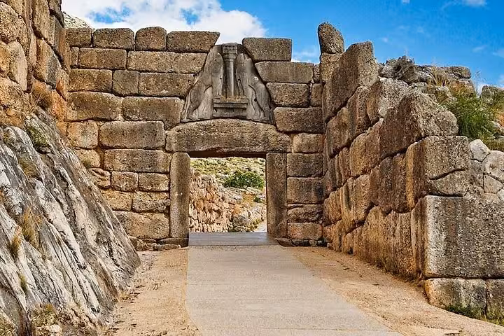 Lion Gate at Mycenae stone entrance, classic Greece archaeology stop on Thermopylae and Delphi day tour