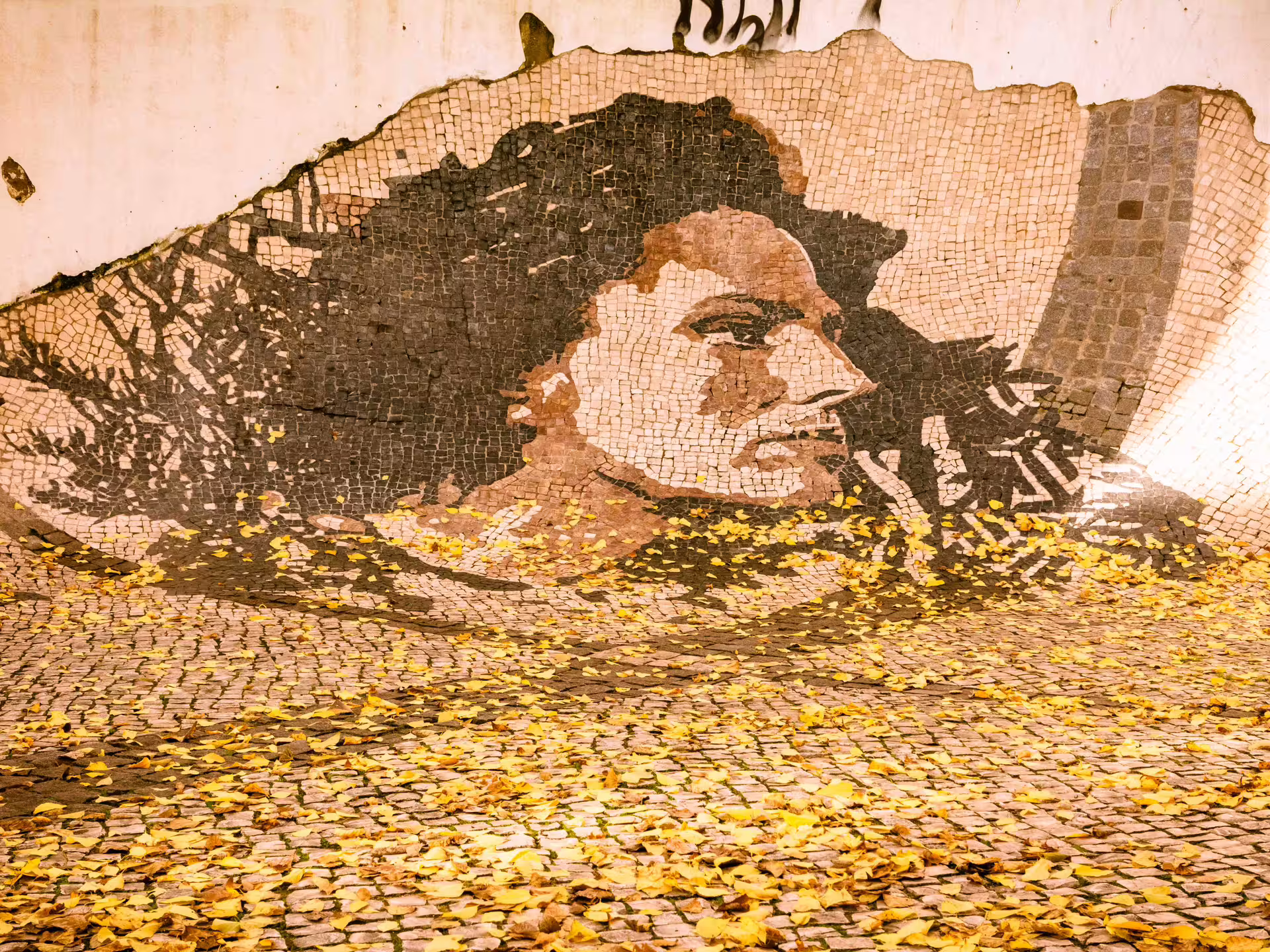 Mosaic art of a face on a cobblestone street in Alfama, Lisbon, surrounded by autumn leaves during a guided photo walk.