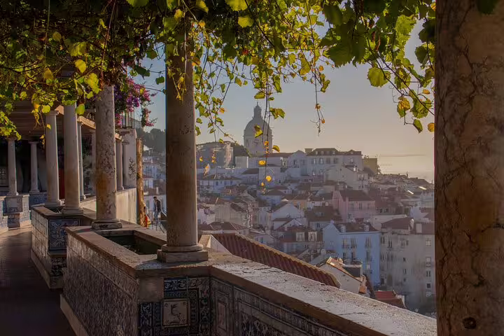 Scenic view of Lisbon's historic Alfama district from a vine-covered terrace, perfect for a private TukTuk tour experience.