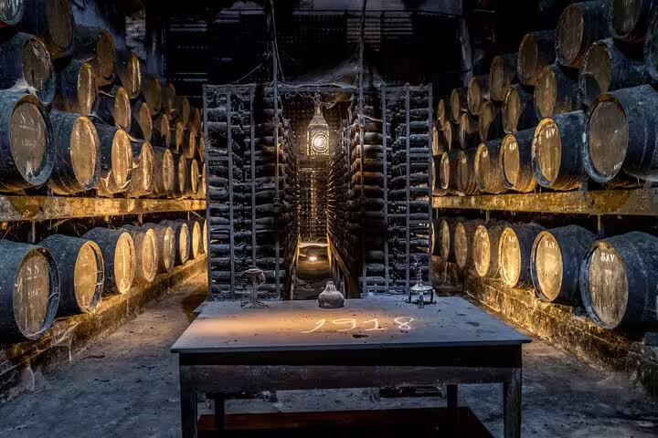 Historic wine cellar in Arrabida showcasing aging barrels, part of a wine tasting and sightseeing tour from Lisbon.
