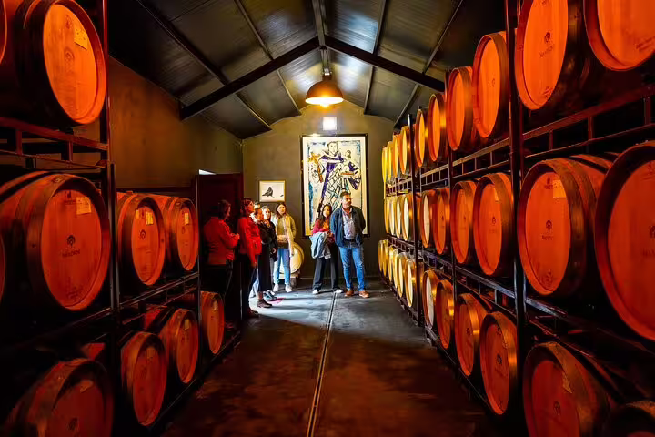 Visitors explore a rustic wine cellar filled with oak barrels during a Lisbon to Arrabida wine tasting and sightseeing tour.