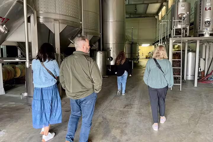 Tourists explore a wine production facility during a Setúbal and Arrábida wine tour with lunch near Lisbon.