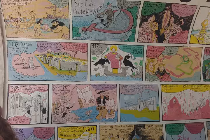 Colorful mural depicting Lisbon's rich history through illustrated timelines on a private walking tour.