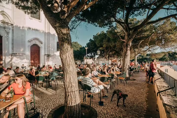 People enjoy outdoor cafes under shady trees in a picturesque Lisbon plaza, capturing the essence of local life on a private tour.