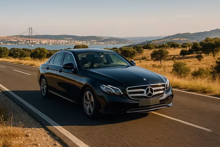 Luxury black Mercedes driving on scenic route from Lisbon to Madrid, showcasing private transfer service.