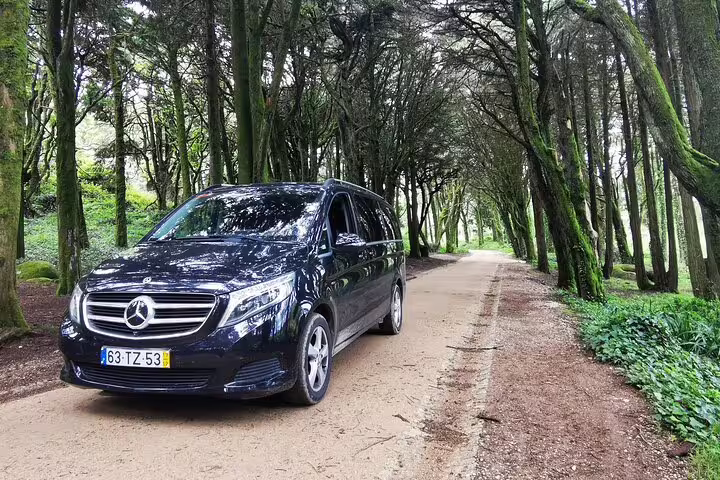 Luxurious private transfer van on scenic forest road from Lisbon to Madrid with stops in historic Evora and Toledo.