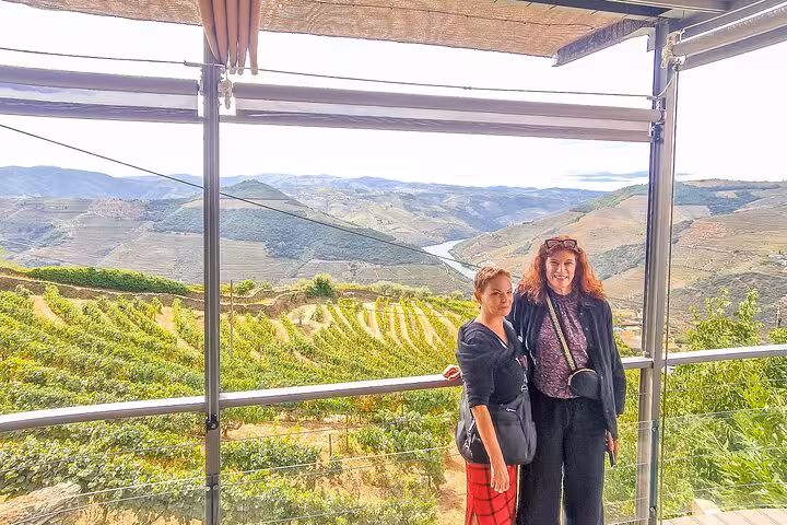 Guests at Douro Valley vineyard viewpoint on Lisbon to Porto tour, overlooking terraced vines and river bend