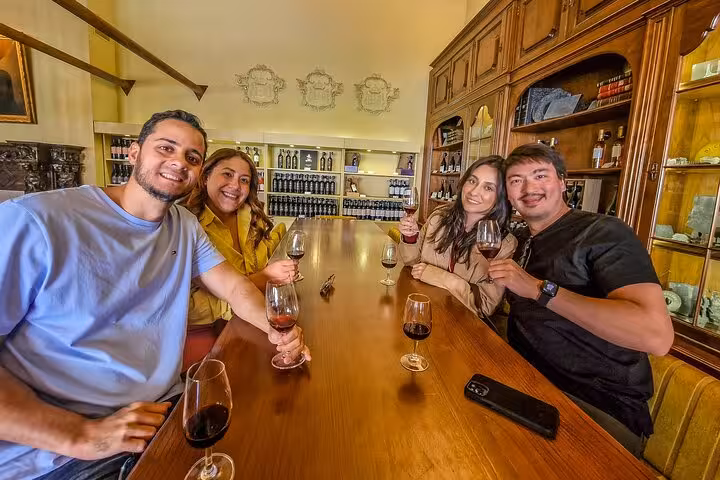 Friends tasting Douro Valley wines at a rustic winery on Lisbon to Porto ride, enjoying guided wine experience