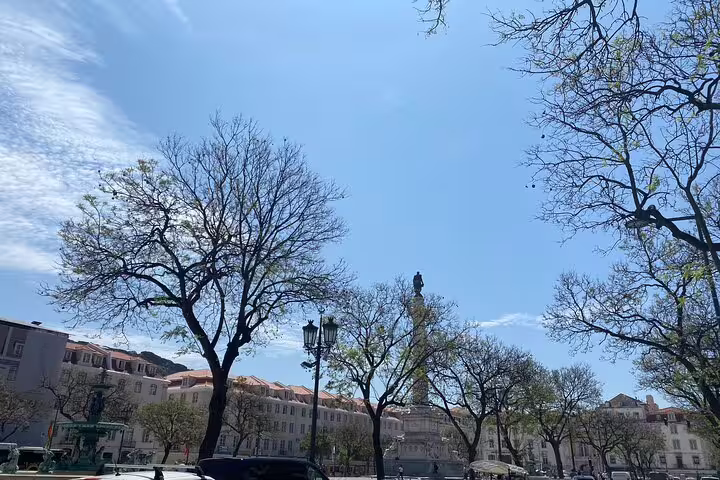 View of Lisbon's Rossio Square with statue and leafless trees under clear blue sky, ideal for half-day tour exploration.