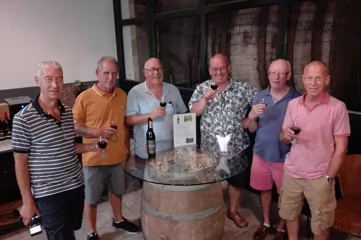 A group of tourists enjoying a wine tasting experience during a private tour in Lisbon, Sintra, Roca, and Cascais.