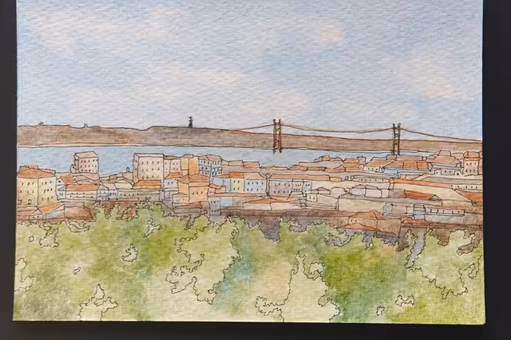Watercolor sketch of Lisbon skyline and 25 de Abril Bridge from a viewpoint, part of a sketching tour