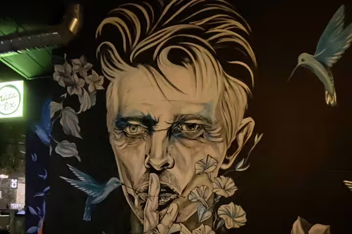 Artistic wall mural depicting a silent figure surrounded by flowers and birds in Lisbon's vibrant streets.