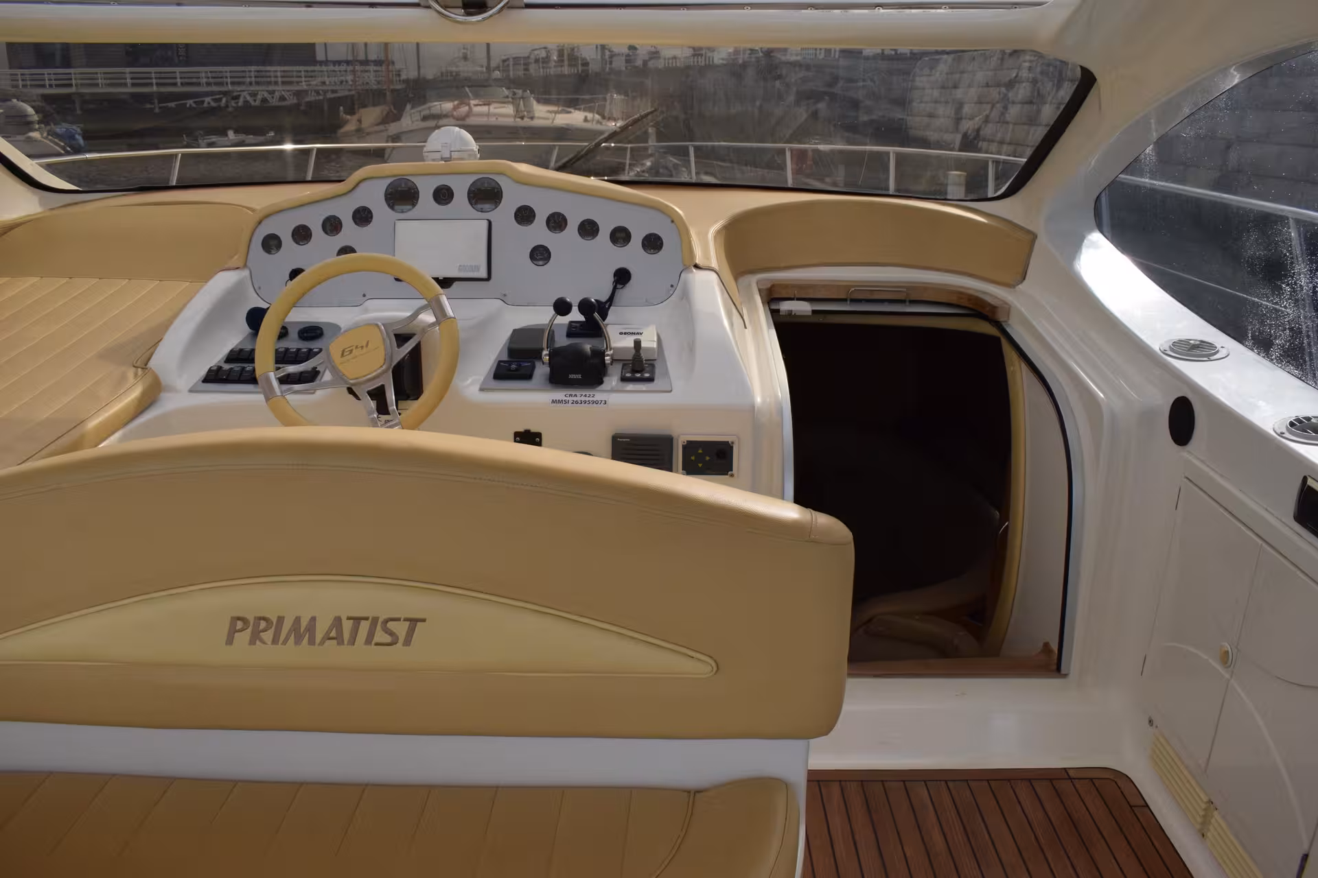 Helm and cockpit of luxury yacht on Tagus River, A Lisbon Tale by On Tales Lisbon sightseeing cruise